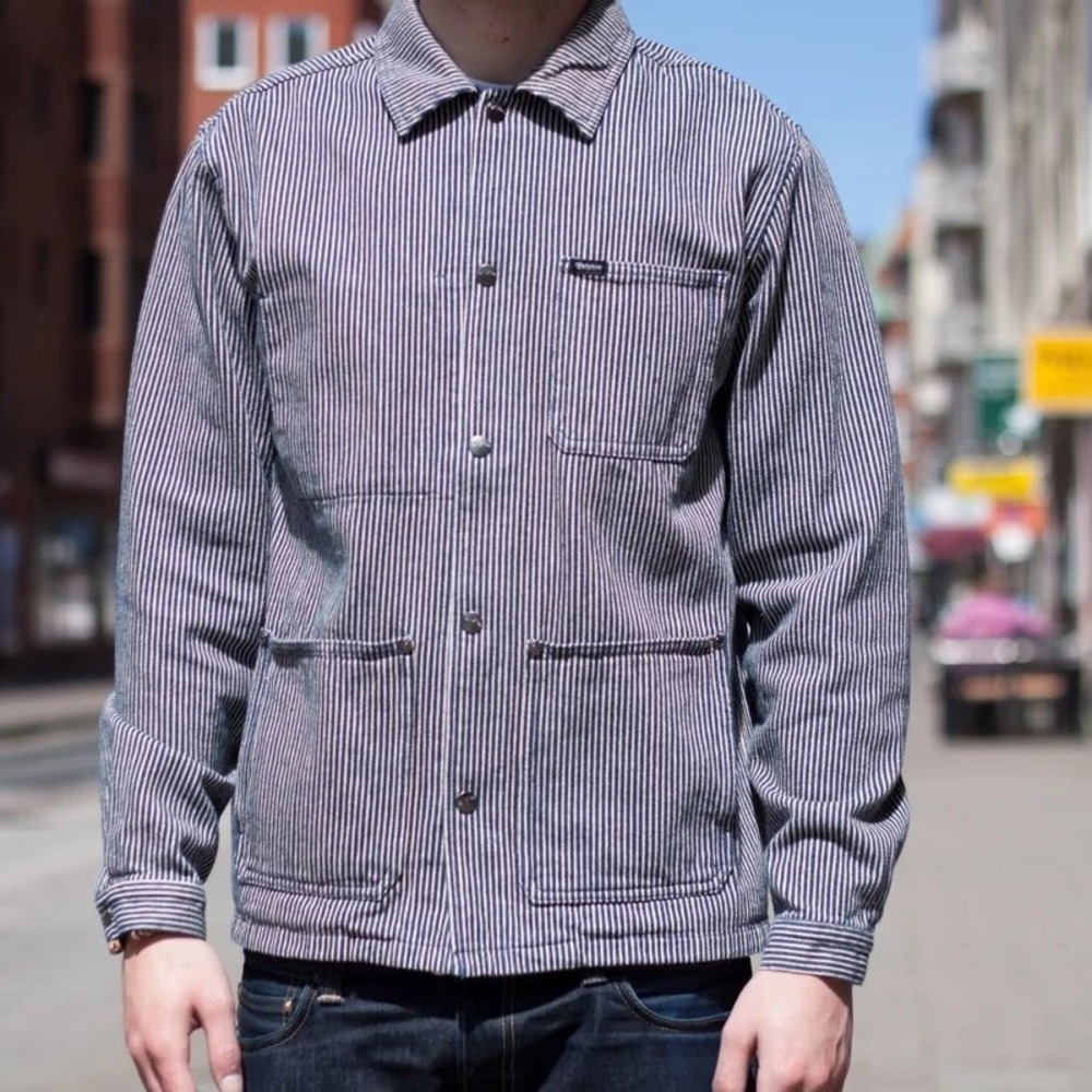 Brixton Survey Jacket Mens XL Hickory Stripe Blue White Chore Coat Workwear
